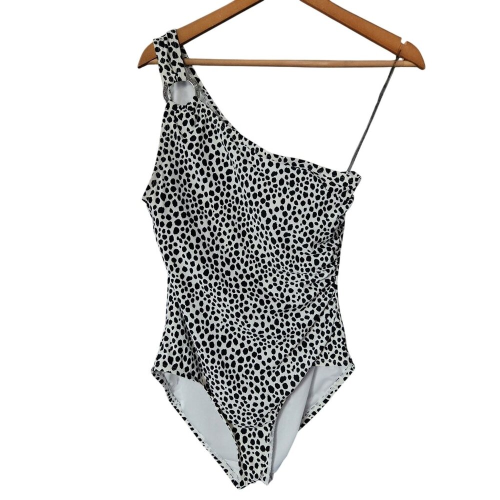 Michael Kors One-Shoulder O-Ring One-Piece Swimsuit Black White Women's Size 12
